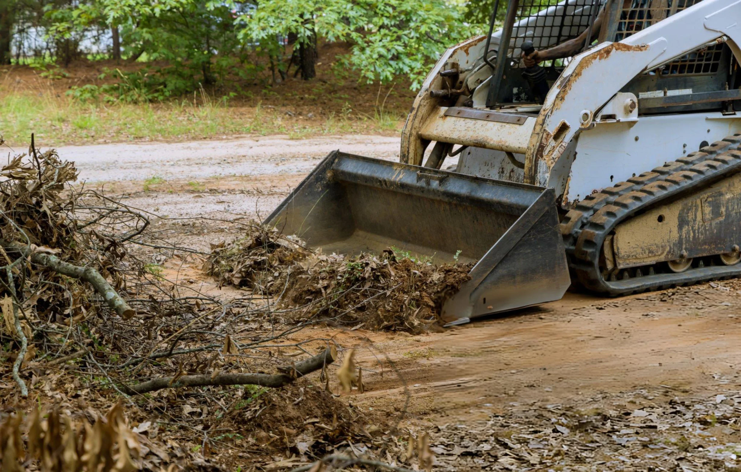 Compact track loader clearing branches, brush, and debris from a dirt path during land clearing.